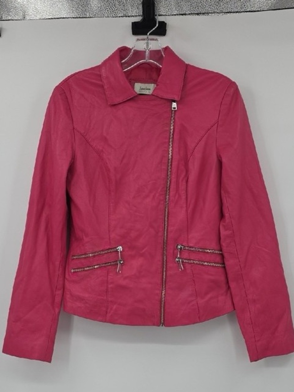 Neiman Marcus Hot Pink 100% Leather Moto Jacket w/ Zip Pockets